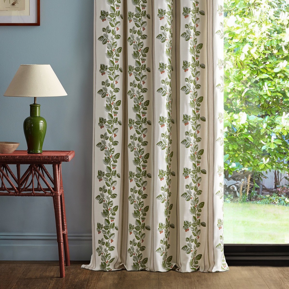 Cobnut Stripe Leaf Green / Berry Fabric by Sanderson - DNAT237785