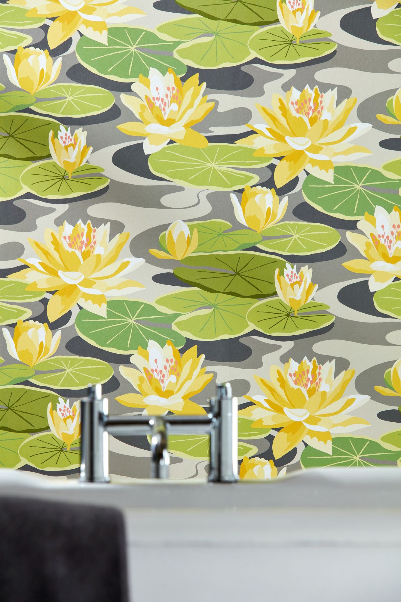 Waterlily Charcoal & Mustard Fabric by Ohpopsi - IKA50105W