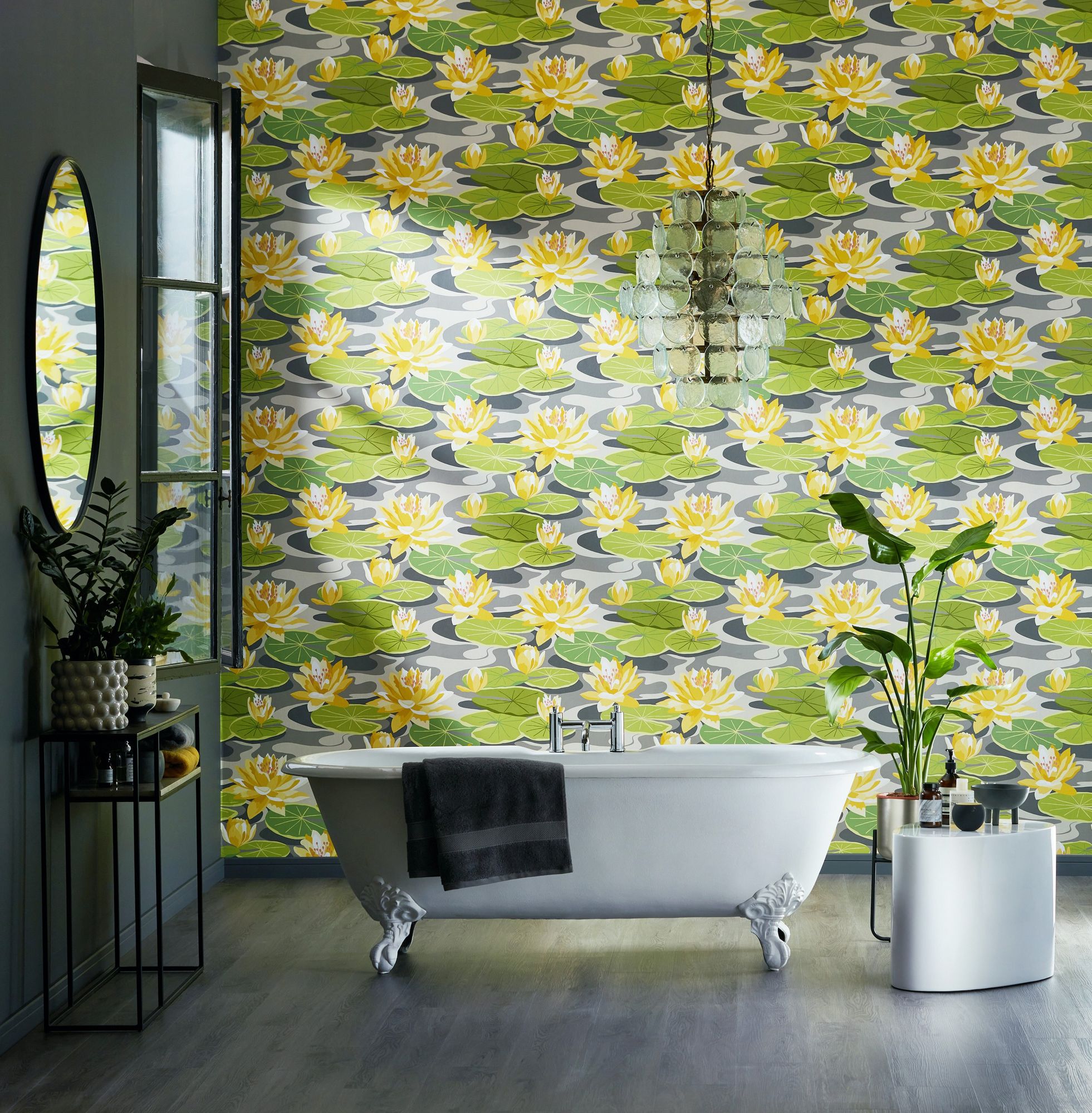 Waterlily Charcoal & Mustard Fabric by Ohpopsi - IKA50105W