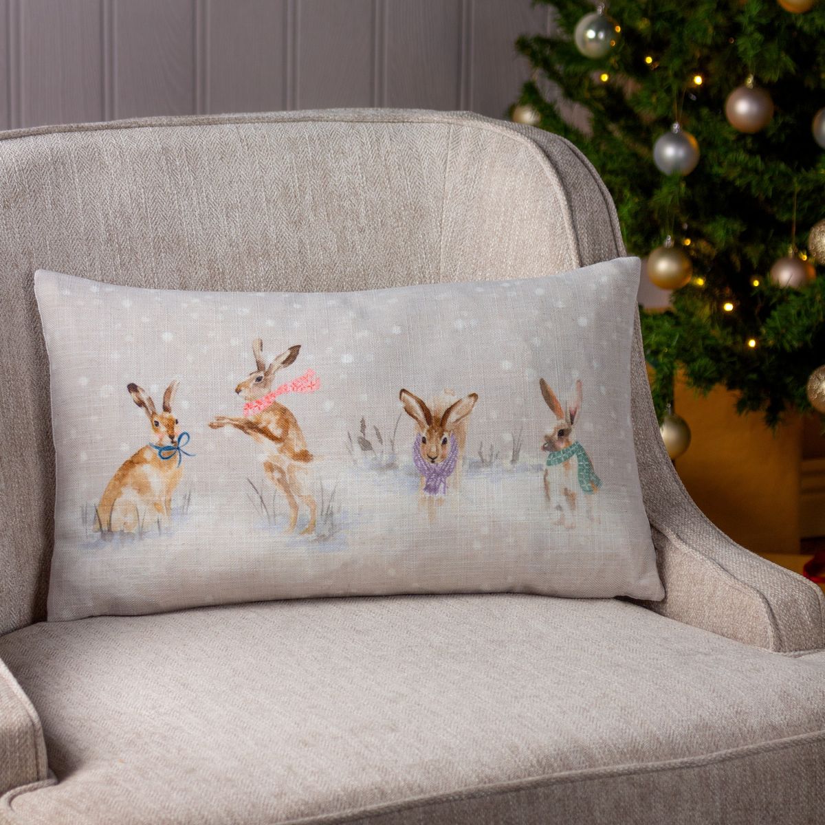 Snowy Hares Multi Cushion Fabric by Evans Lichfield - SNOWHARE/3CC/MUL