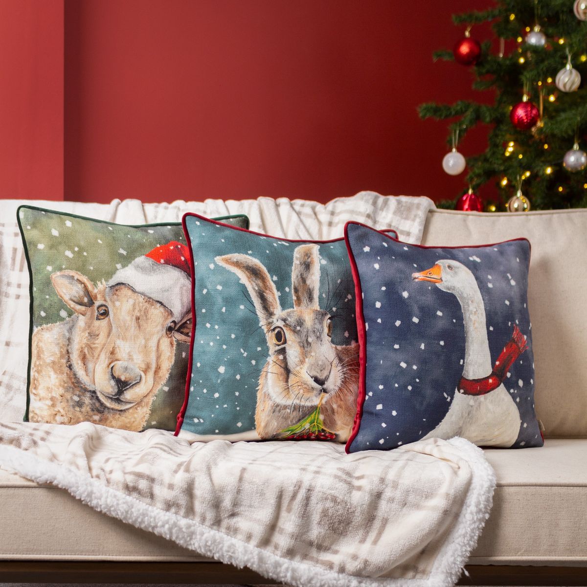 Christmas Hare Multi Cushion Fabric by Evans Lichfield - CHRHARE/CC5/MUL