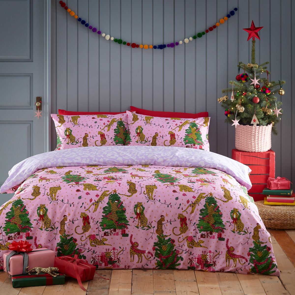 Purrfect Christmas Pink / Lilac Duvet Set Fabric by furn. - PURRFC/D00/PNLI