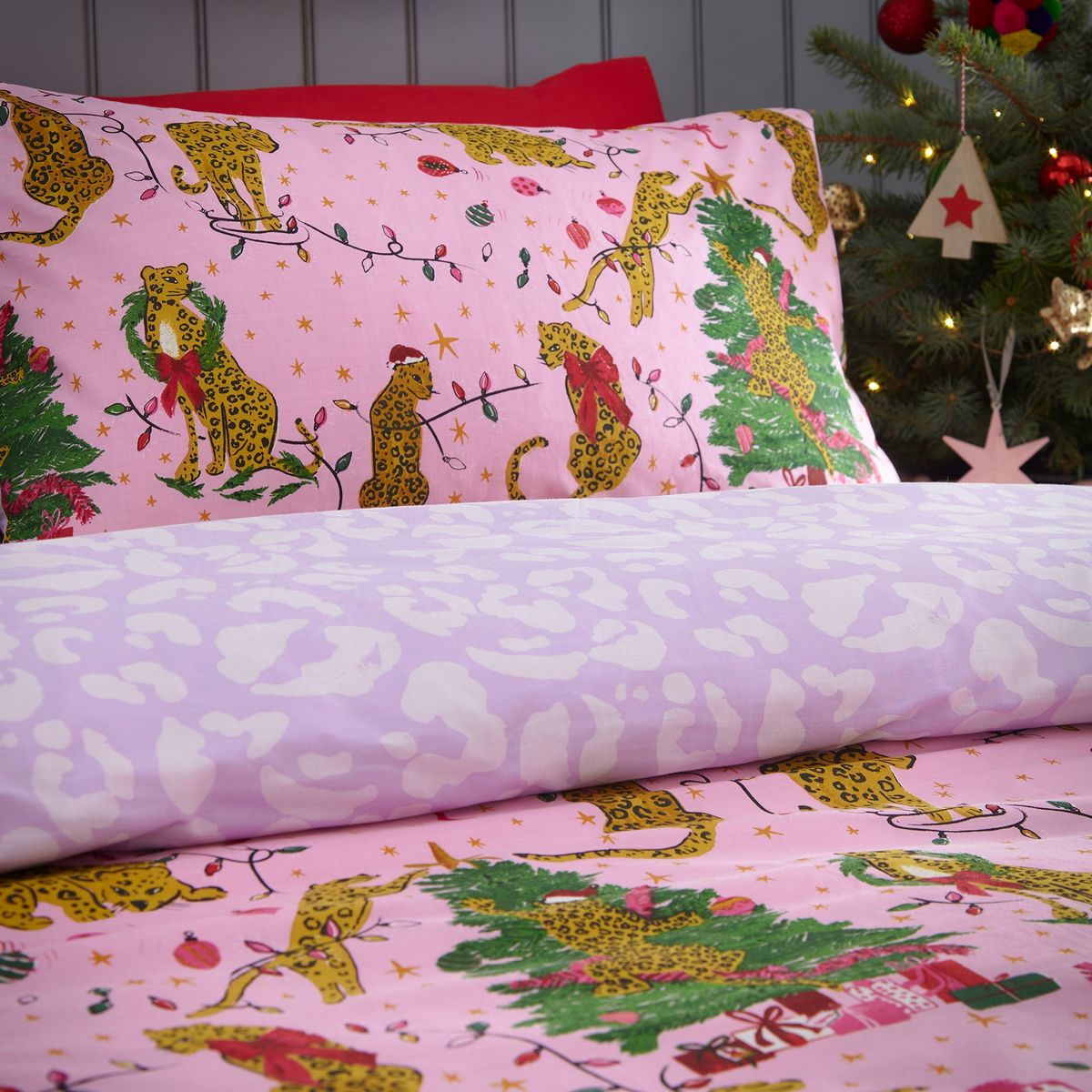 Purrfect Christmas Pink / Lilac Duvet Set Fabric by furn. - PURRFC/D00/PNLI