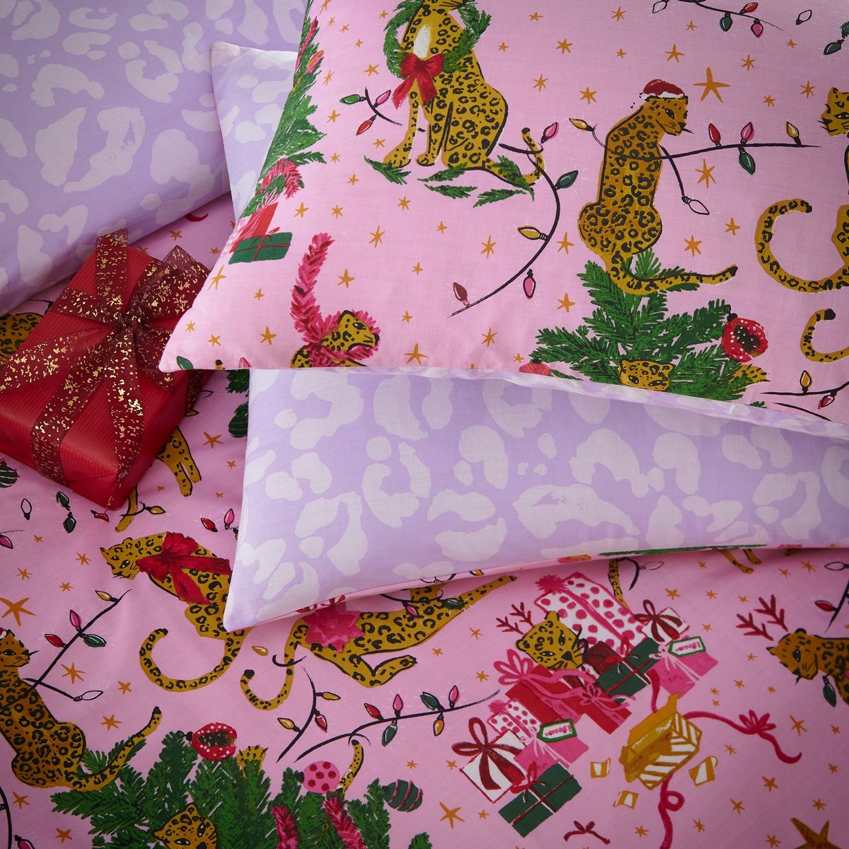 Purrfect Christmas Pink / Lilac Duvet Set Fabric by furn. - PURRFC/D00/PNLI