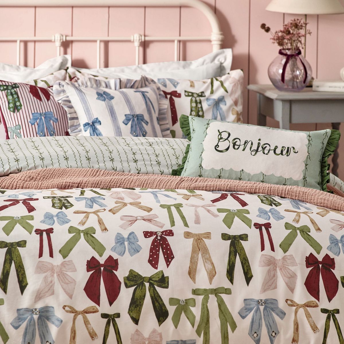 Noortje Bows Silk Pink Duvet Set Fabric by furn. - NOORTJE/D01/SPI