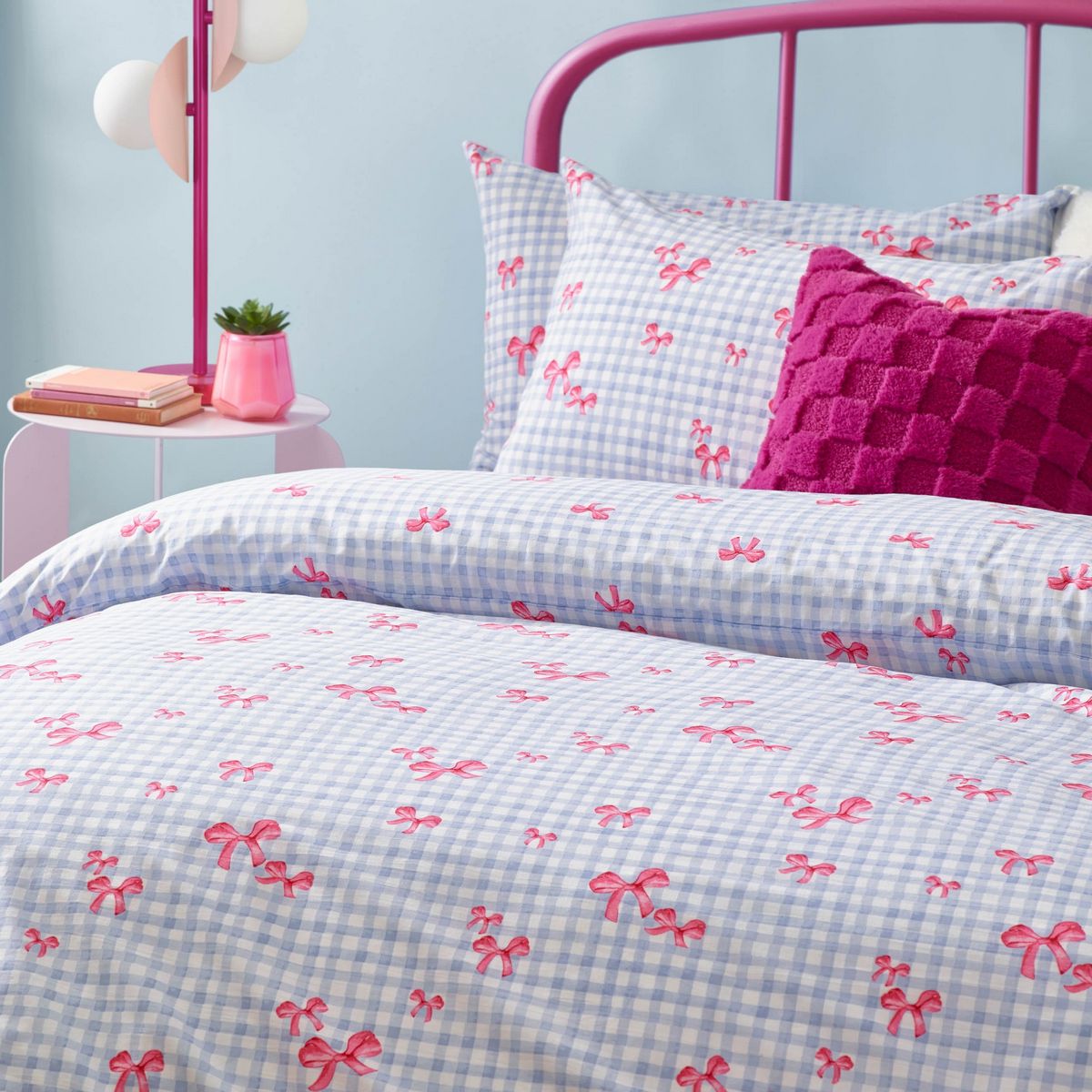 Gingham Bows Blue Duvet Set Fabric by Heya Home - GINBOWS/D01/BLU