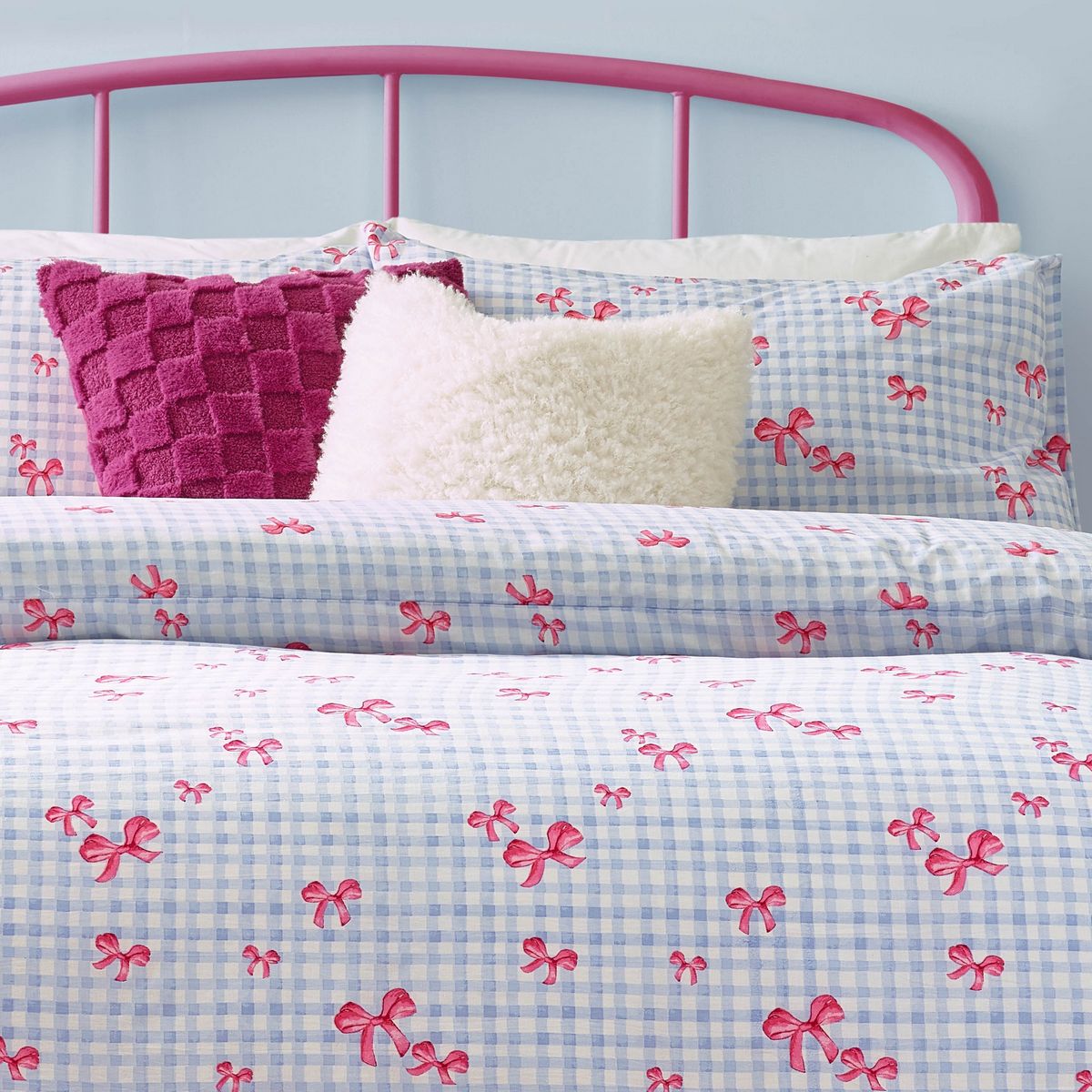Gingham Bows Blue Duvet Set Fabric by Heya Home - GINBOWS/D01/BLU