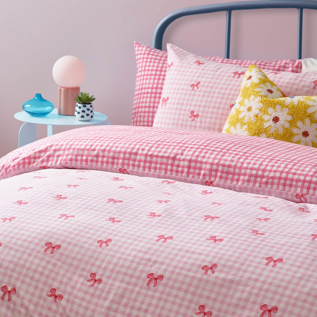 Gingham Bows Pink Duvet Set Fabric by Heya Home - GINBOWS/D01/PNK