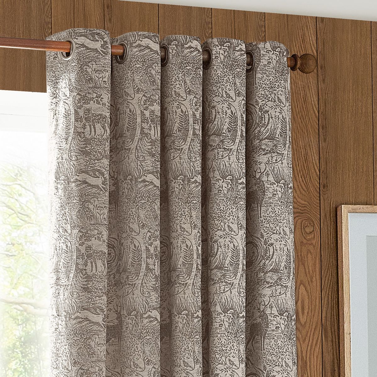 Winter Woods Taupe Eyelet Curtains Fabric by furn. - WWOODS/RT2/TAU