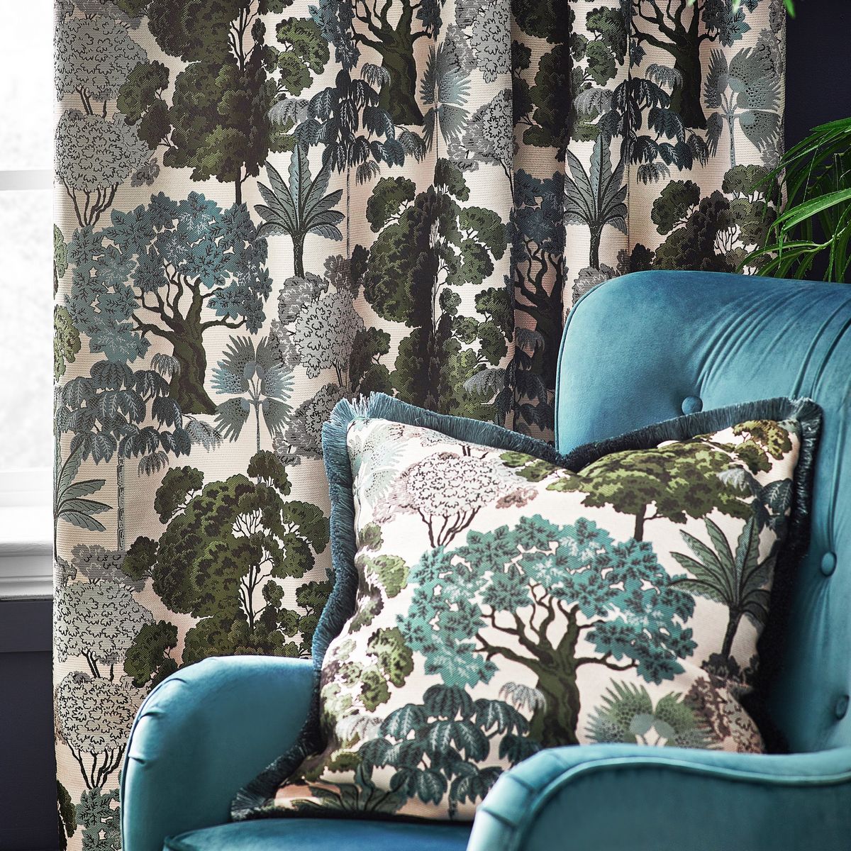 Woodlands Green Eyelet Curtains Fabric by Wylder - WOODLA/RT2/GRE