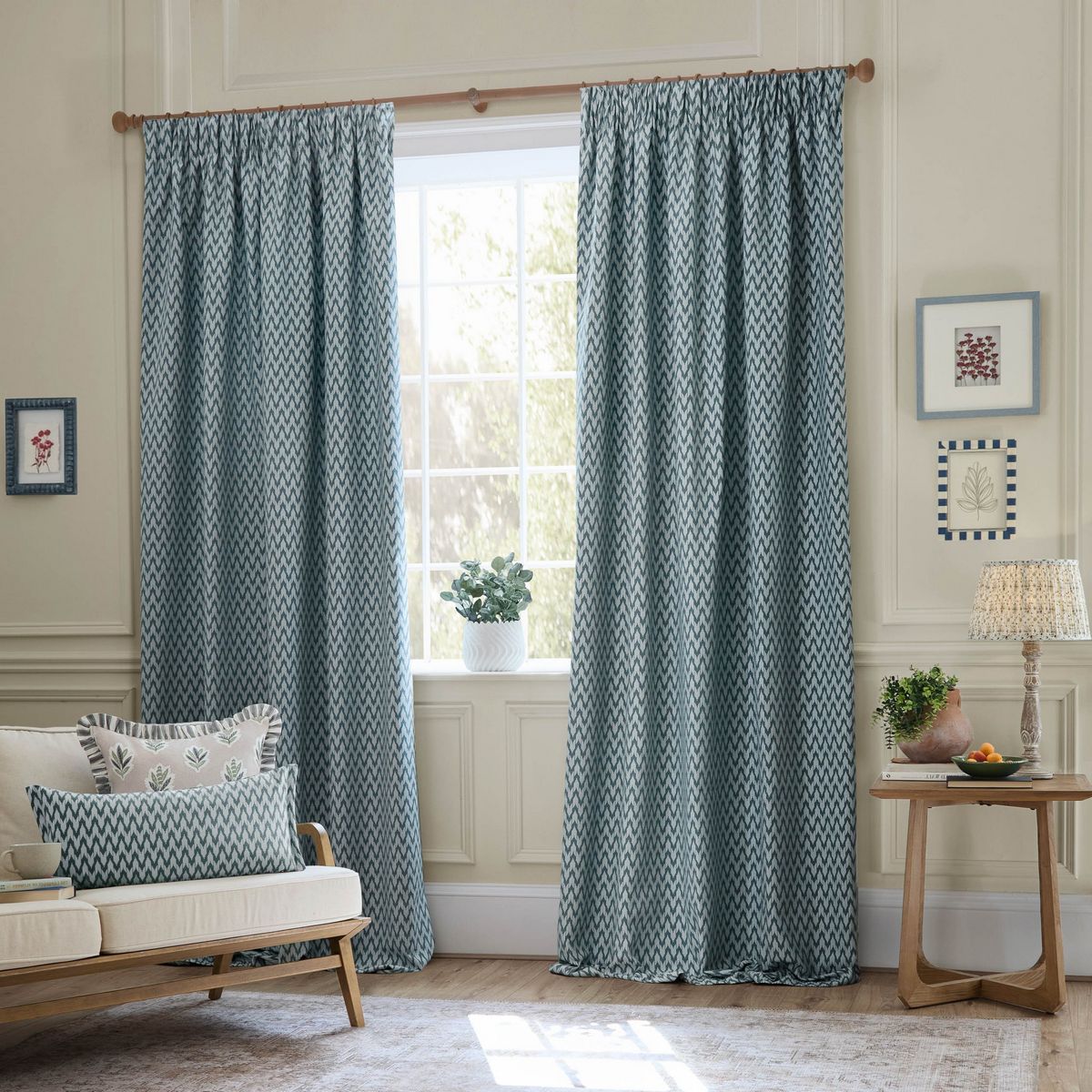 Hutton Blue Pencil Pleat Curtains Fabric by Sanderson - HUTTON/C04/BLU