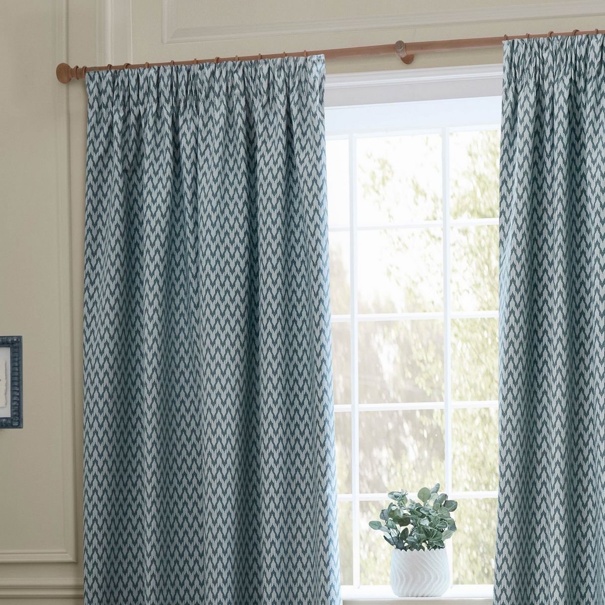 Hutton Blue Pencil Pleat Curtains Fabric by Sanderson - HUTTON/C04/BLU