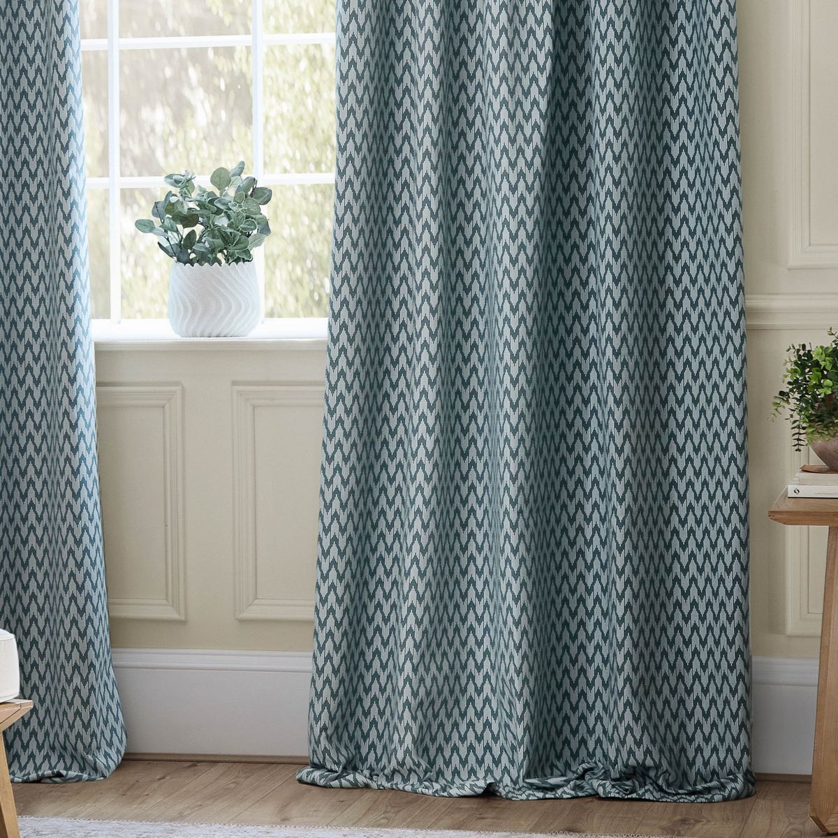 Hutton Blue Pencil Pleat Curtains Fabric by Sanderson - HUTTON/C04/BLU