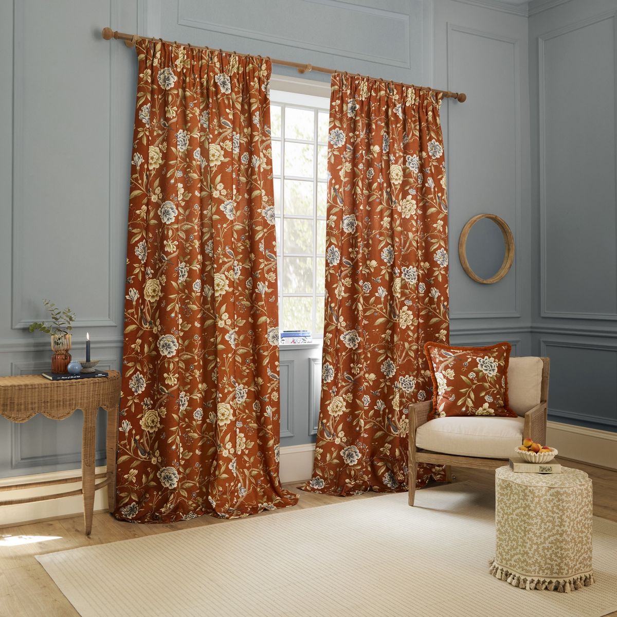 Porcelain Garden Rust Pencil Pleat Curtains Fabric by Sanderson - PGARDEN/C08/RUS