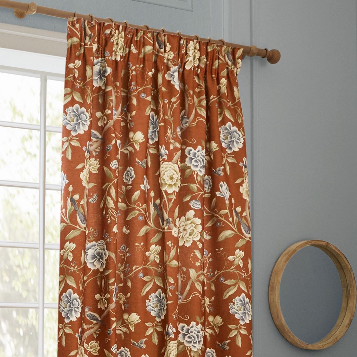 Porcelain Garden Rust Pencil Pleat Curtains Fabric by Sanderson - PGARDEN/C08/RUS