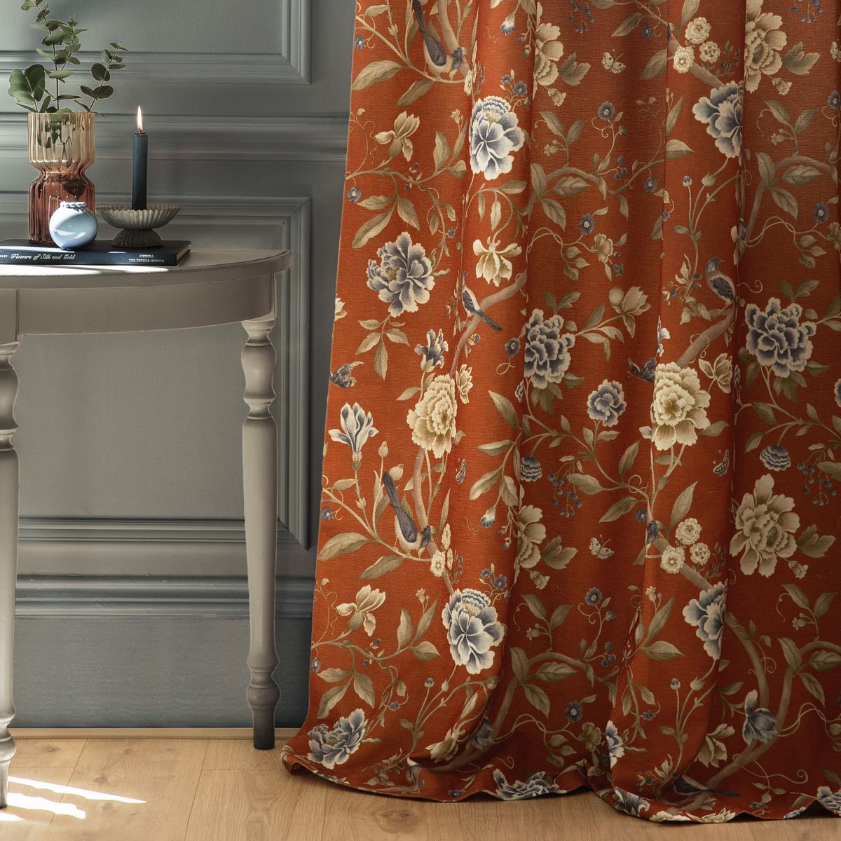 Porcelain Garden Rust Pencil Pleat Curtains Fabric by Sanderson - PGARDEN/C08/RUS