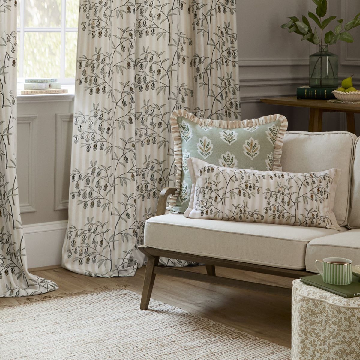 Chinese Lanterns Linen Pencil Pleat Curtains Fabric by Sanderson - CLANTRN/C03/LIN