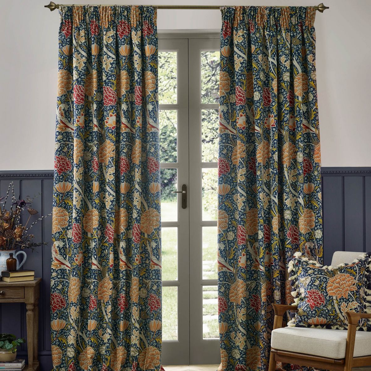 Cray Indigo / Berry Pencil Pleat Curtains Fabric by William Morris & Co. - CRAY/C04/INBR