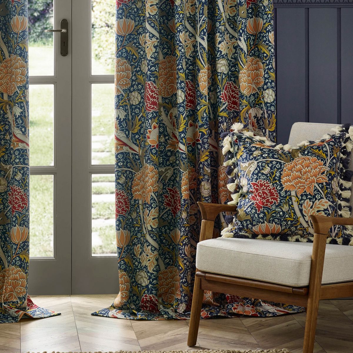 Cray Indigo / Berry Pencil Pleat Curtains Fabric by William Morris & Co. - CRAY/C04/INBR