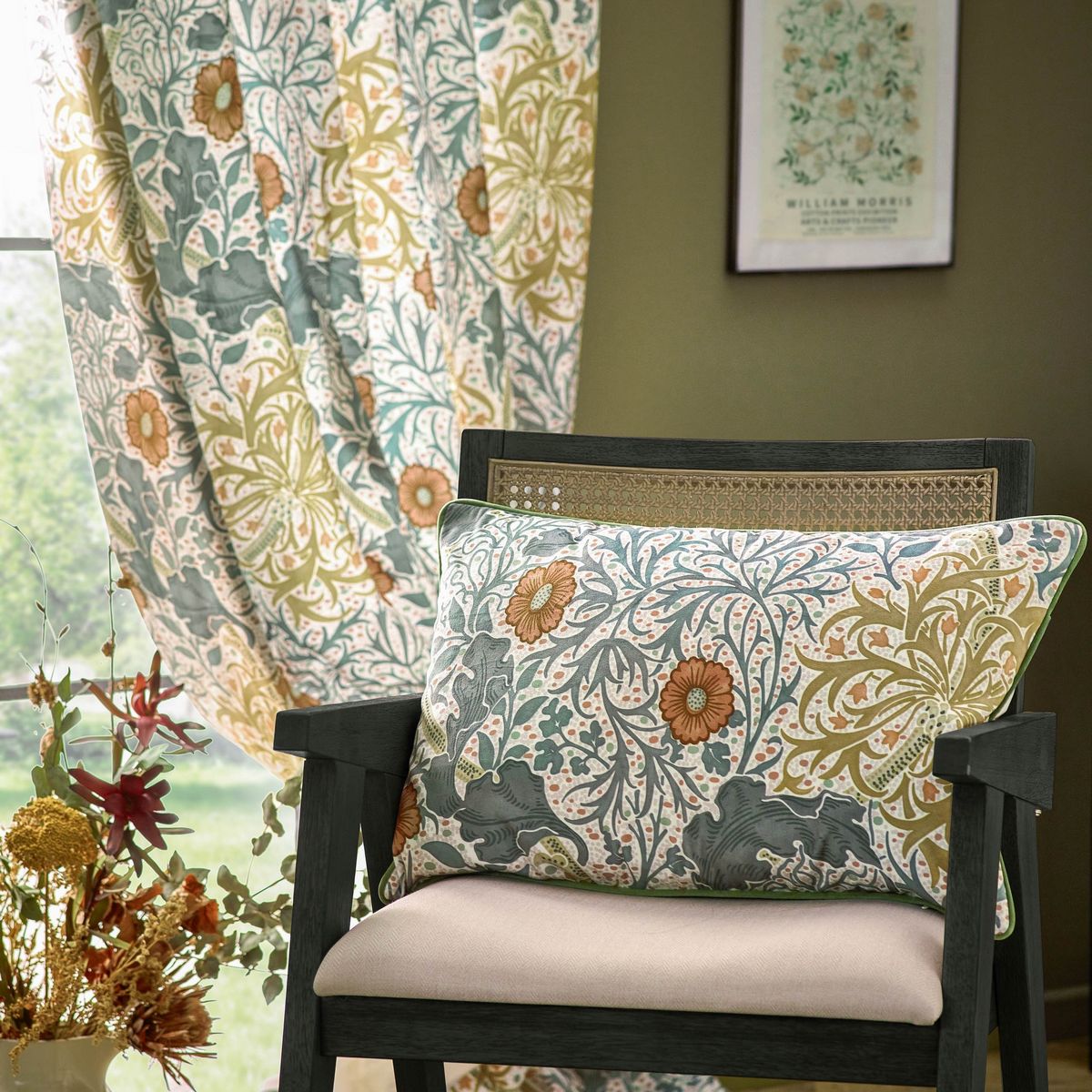 Seaweed Stone / Sunflower Pencil Pleat Curtains Fabric by William Morris & Co. - SEAWEED/C04/STSN