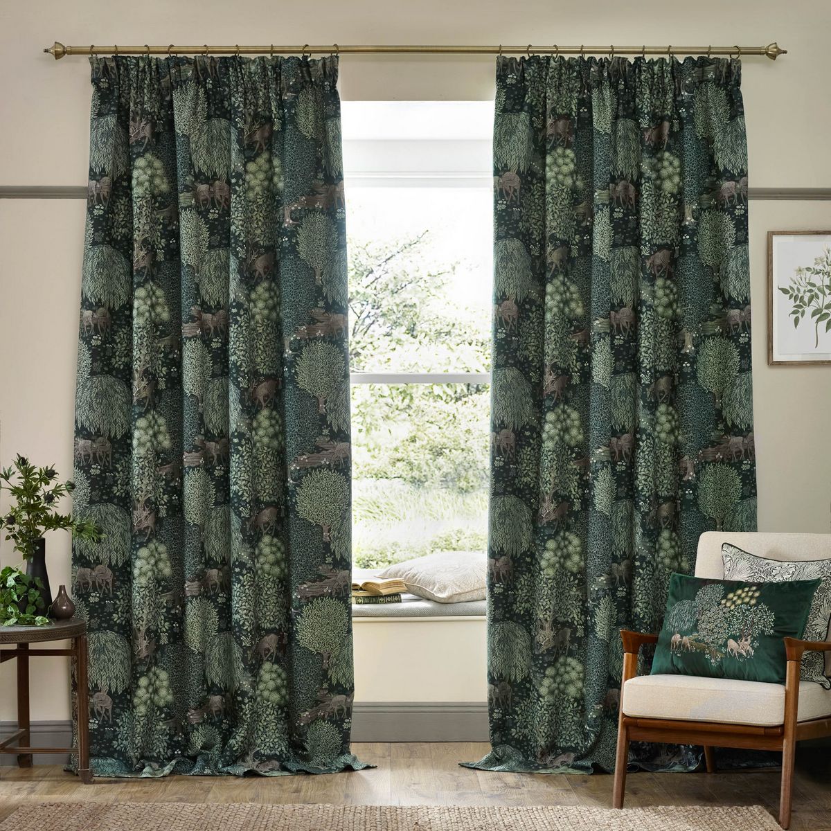 Brook Forest Green Pencil Pleat Curtains Fabric by William Morris & Co. - BROOK/C04/FGR