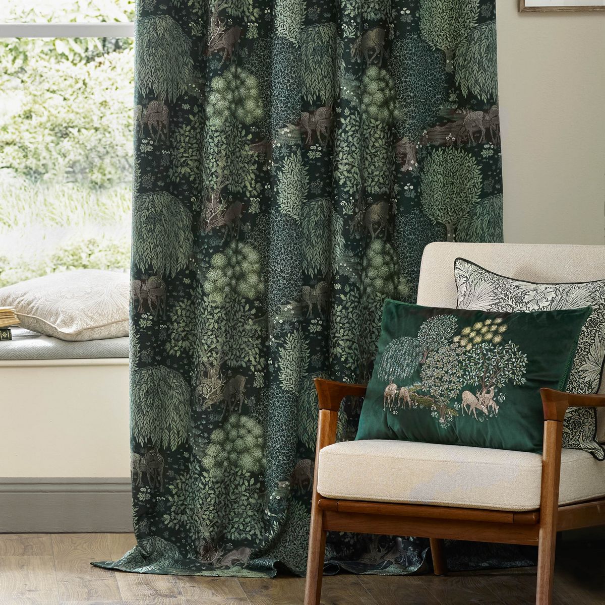 Brook Forest Green Pencil Pleat Curtains Fabric by William Morris & Co. - BROOK/C04/FGR