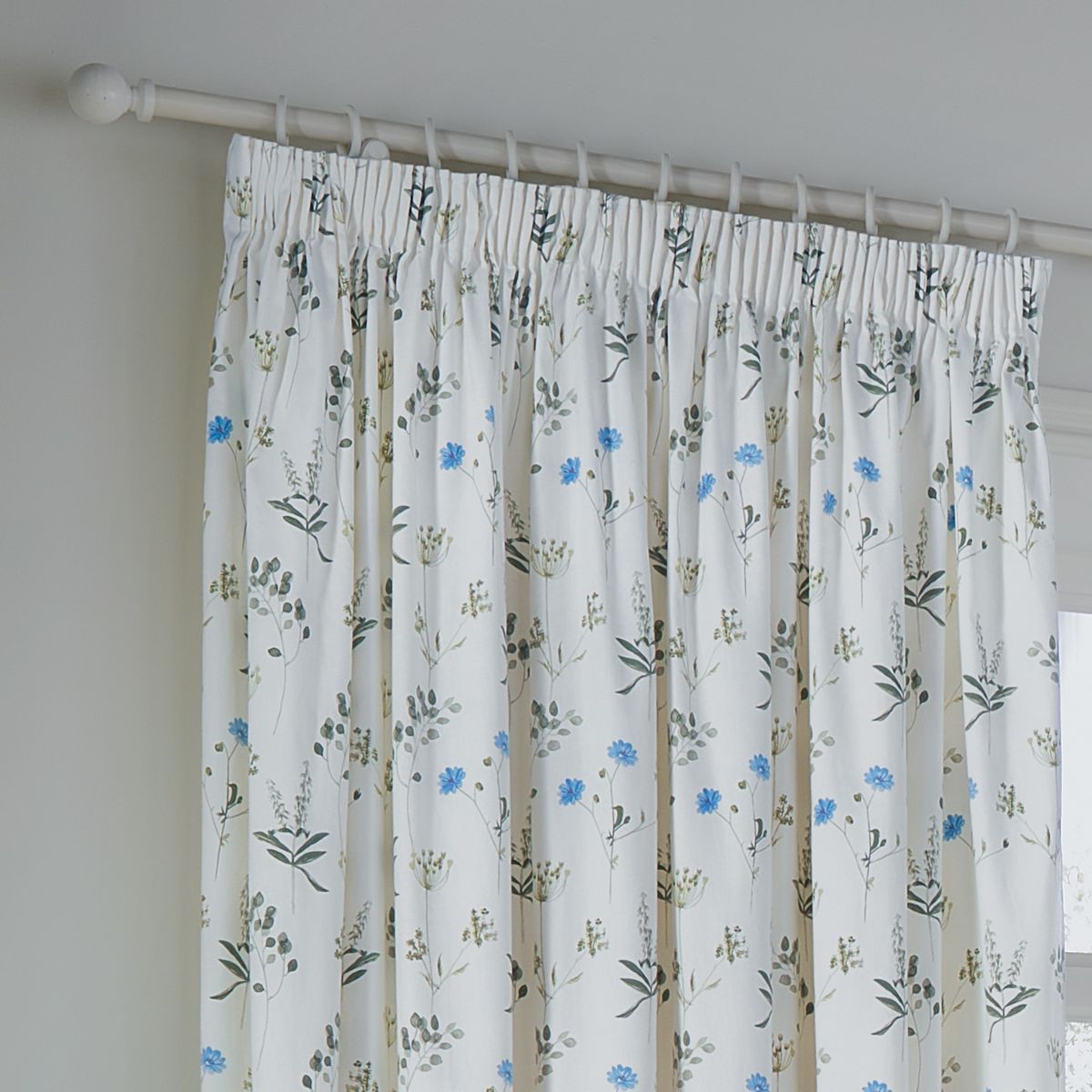 Meadow White / Cornflower Pencil Pleat Curtains Fabric by Wylder - MEADO/C03/WHCO