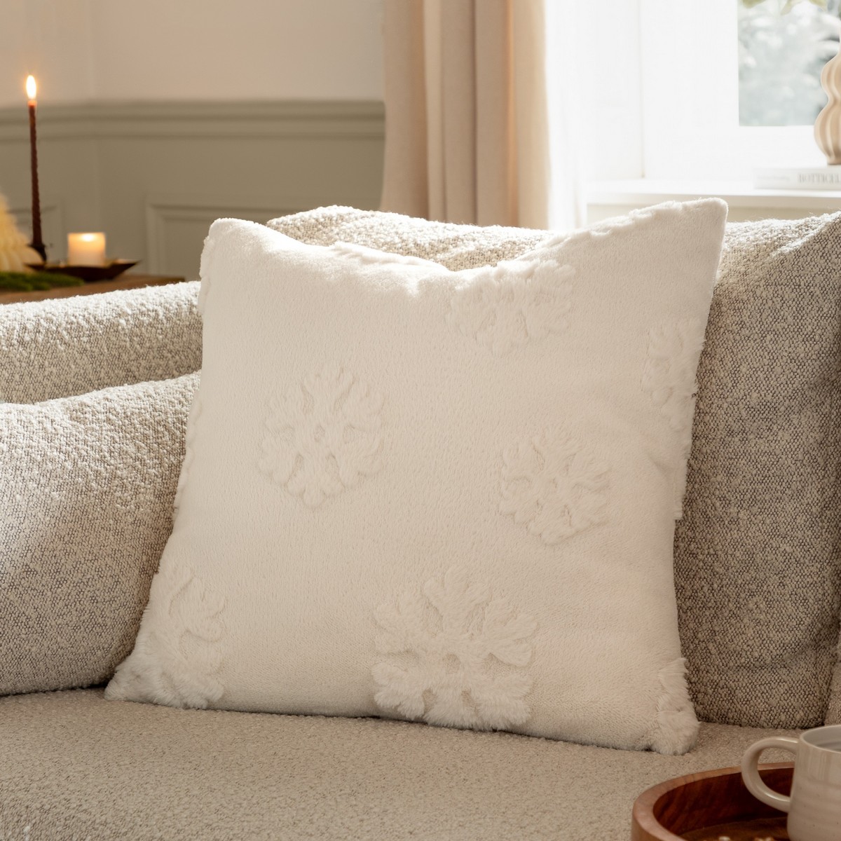 Snowflakes Fur Snow White Cushion Fabric by furn. - SNOWFLA/CC3/SNW
