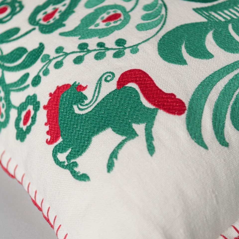 Horse Parade Linen Embroidered Cushion Fabric by MINDTHEGAP - LC40081