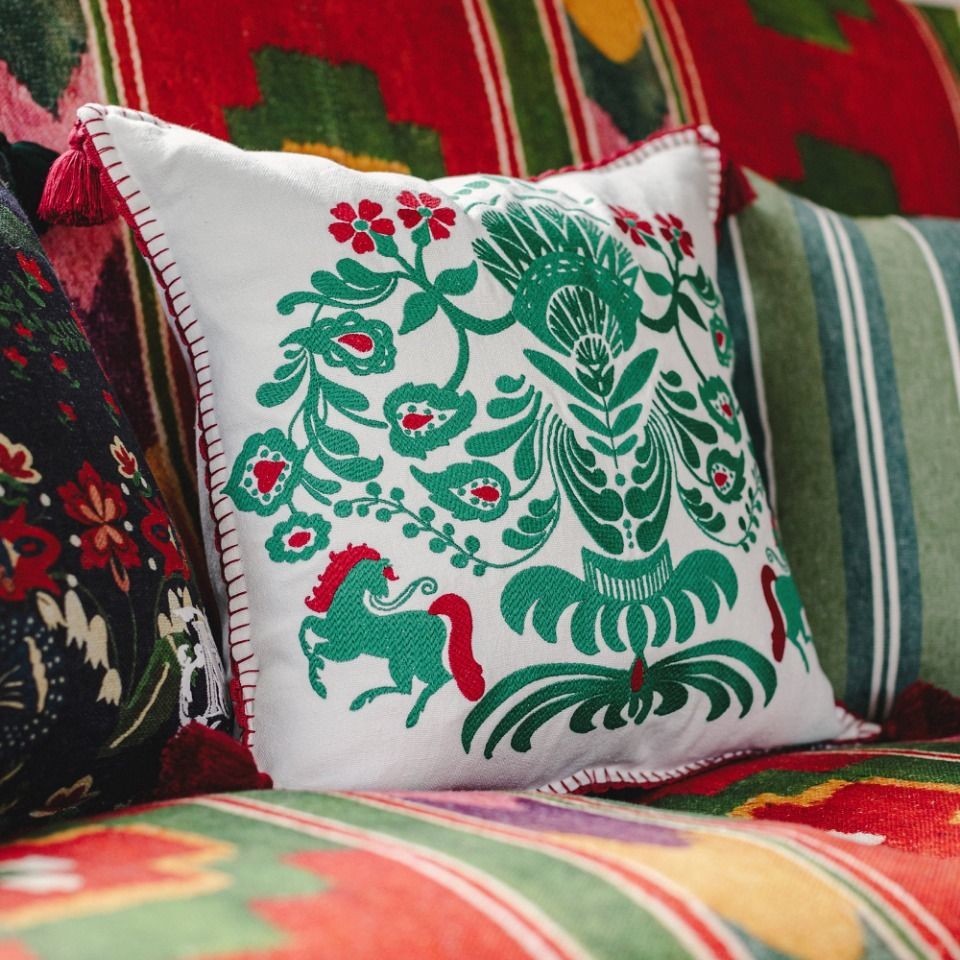 Horse Parade Linen Embroidered Cushion Fabric by MINDTHEGAP - LC40081