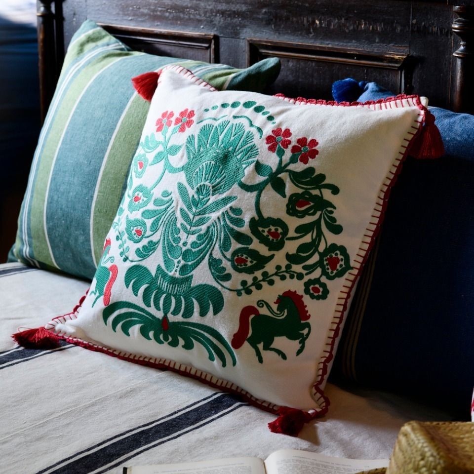 Horse Parade Linen Embroidered Cushion Fabric by MINDTHEGAP - LC40081