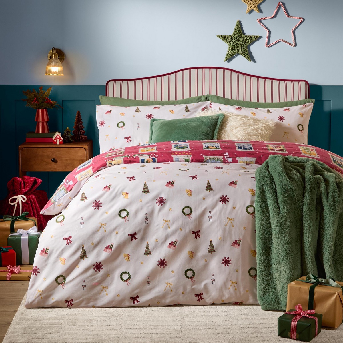 Christmas Eve Cranberry Duvet Set Fabric by furn. - CHRISEVE/D01/CRA