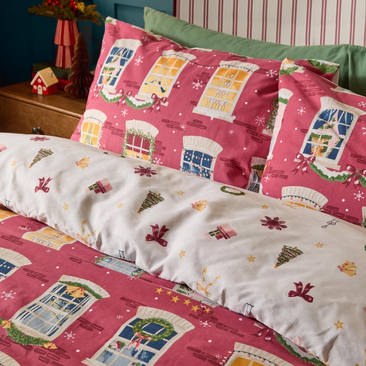 Christmas Eve Cranberry Duvet Set Fabric by furn. - CHRISEVE/D01/CRA
