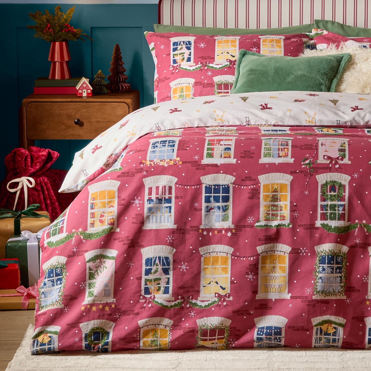 Christmas Eve Cranberry Duvet Set Fabric by furn. - CHRISEVE/D01/CRA
