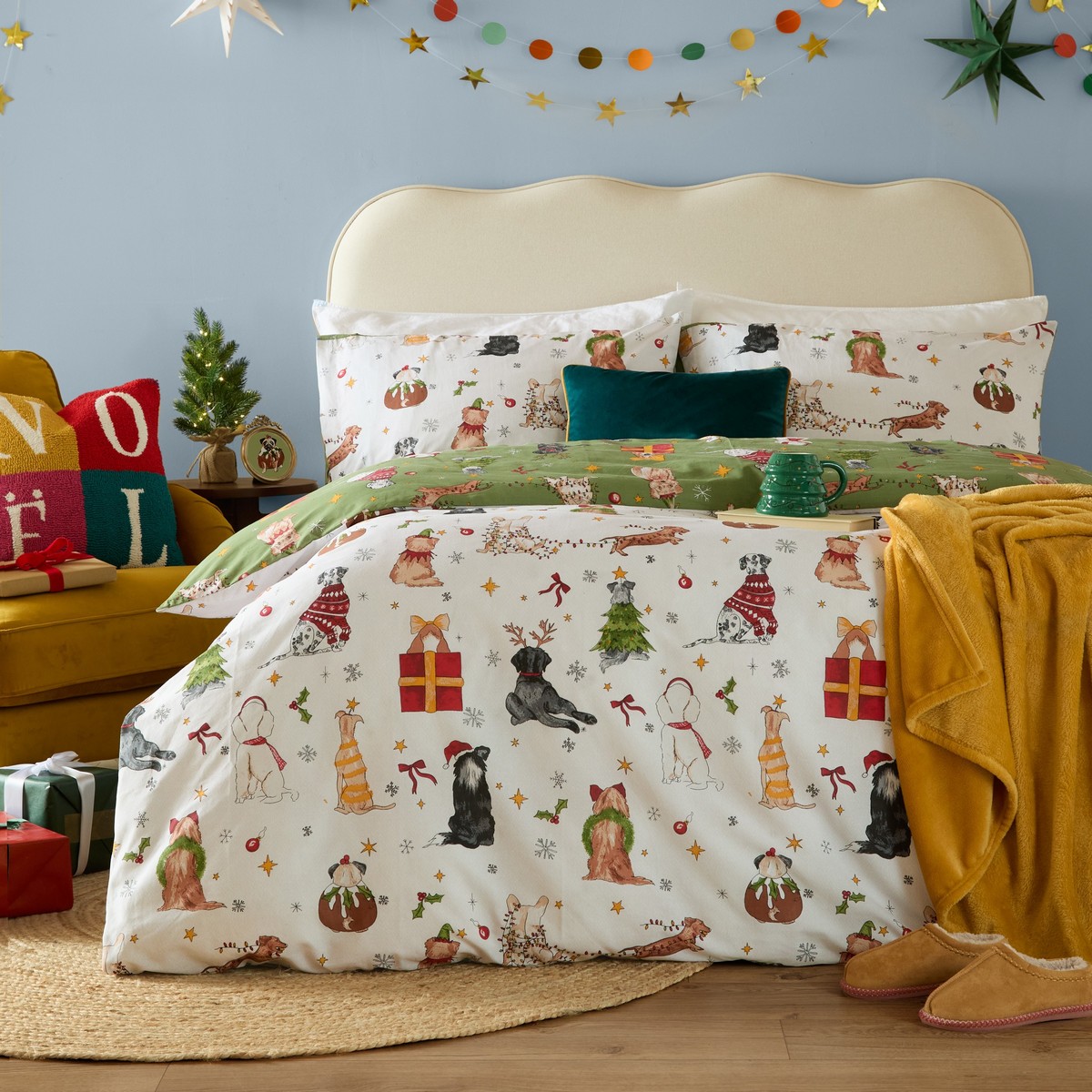 Christmas Pawty Green Duvet Set Fabric by furn. - CHRPAWT/D01/GRE