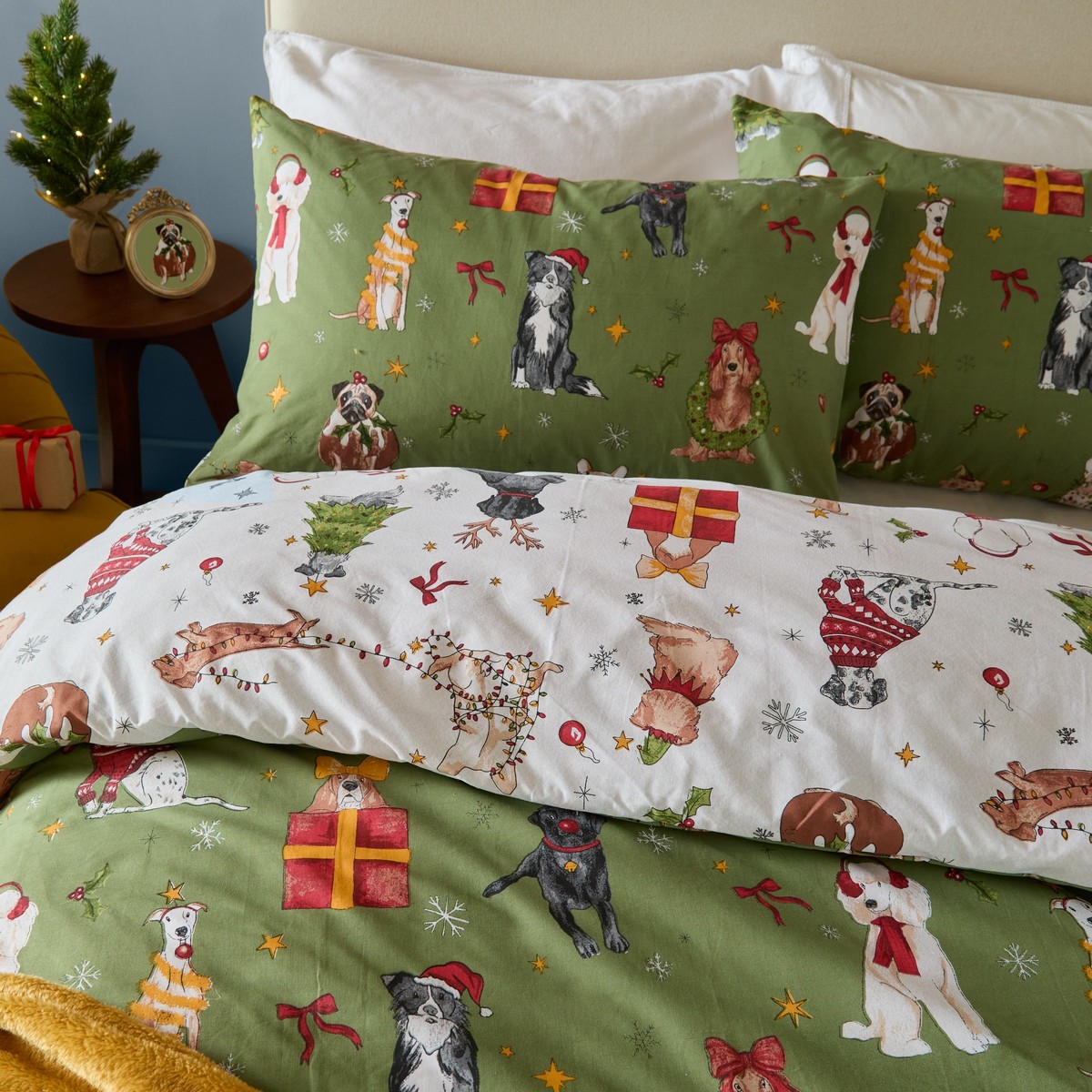 Christmas Pawty Green Duvet Set Fabric by furn. - CHRPAWT/D01/GRE