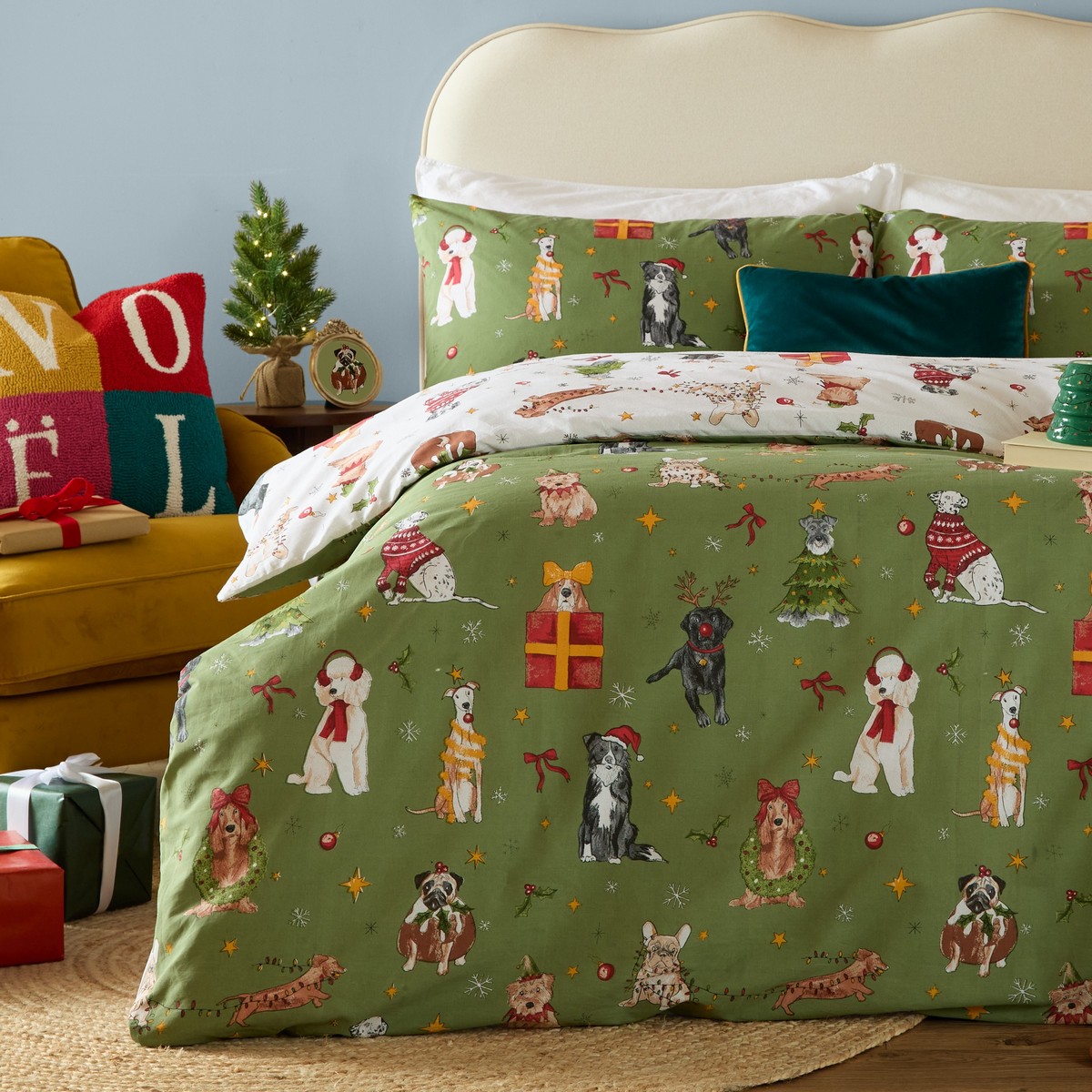 Christmas Pawty Green Duvet Set Fabric by furn. - CHRPAWT/D01/GRE