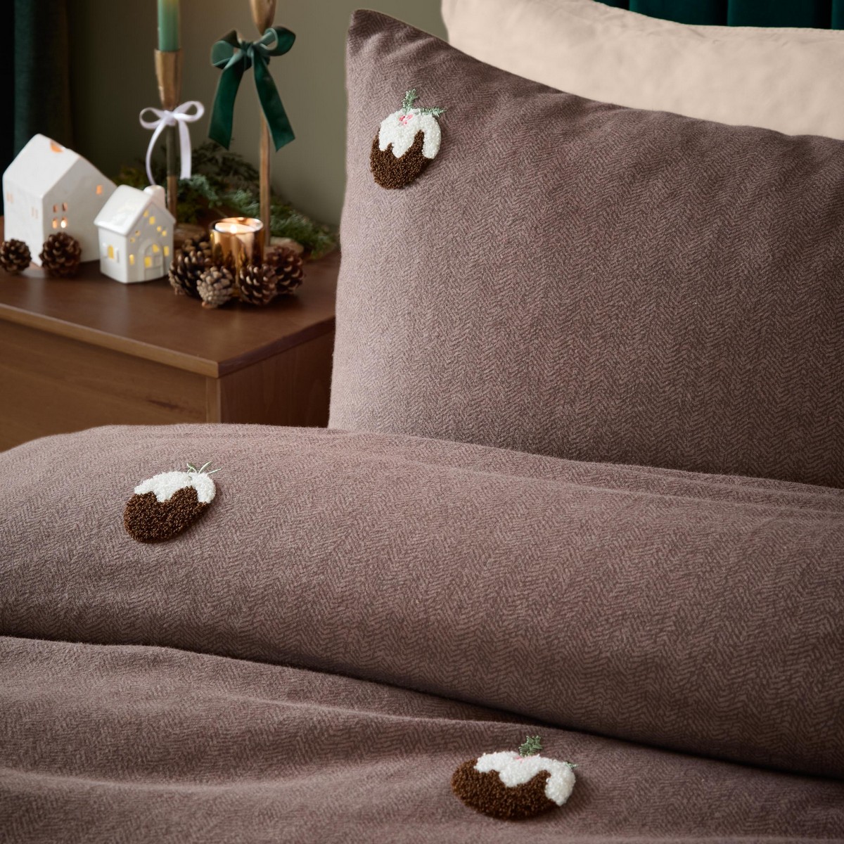 Christmas Puddings Tufted Chocolate Duvet Set Fabric by furn. - CPUDTUF/D01/CHO