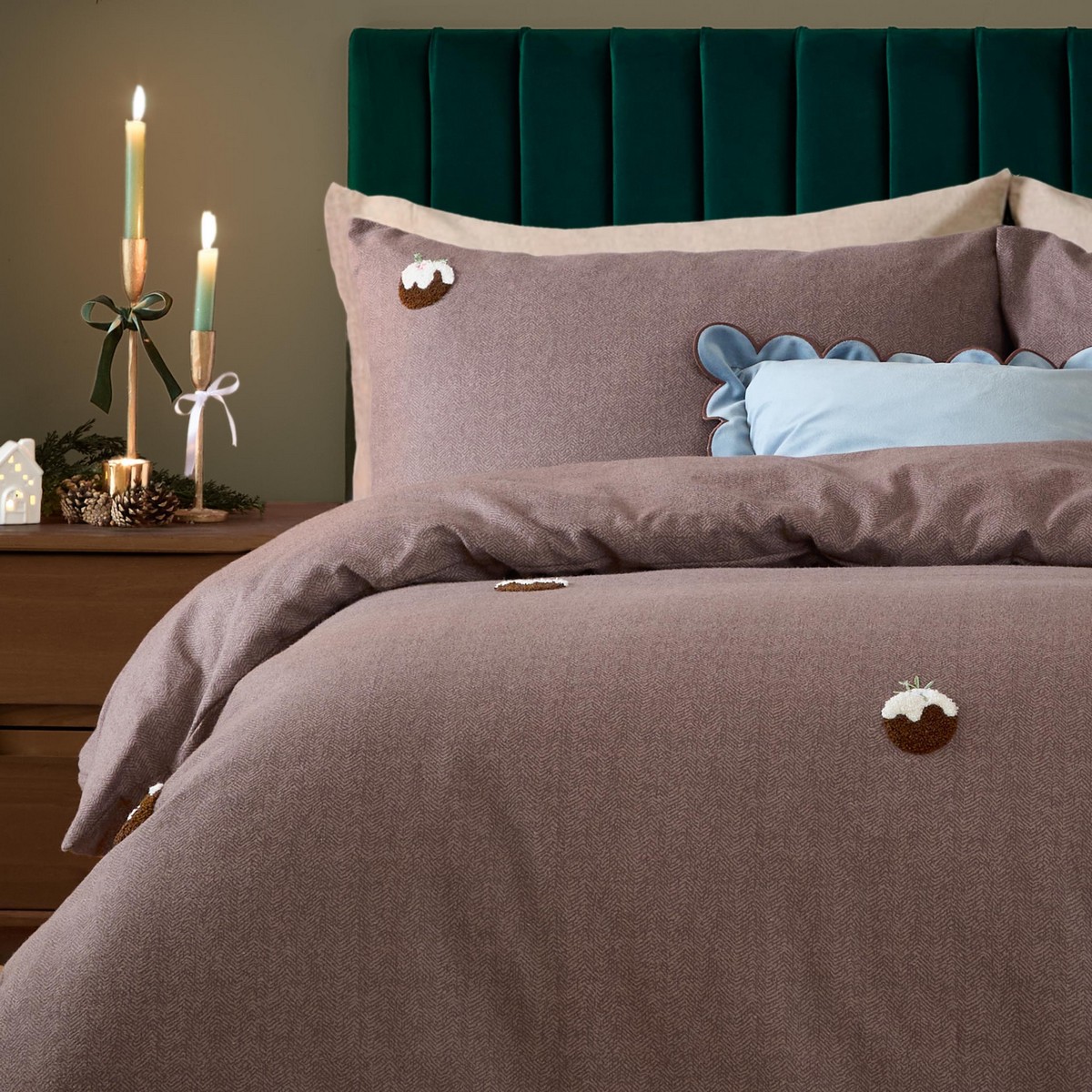 Christmas Puddings Tufted Chocolate Duvet Set Fabric by furn. - CPUDTUF/D01/CHO