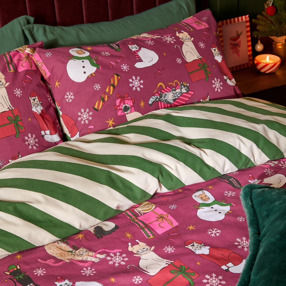 Feline Festive Purrgundy Duvet Set Fabric by furn. - FELFEST/D01/PUR
