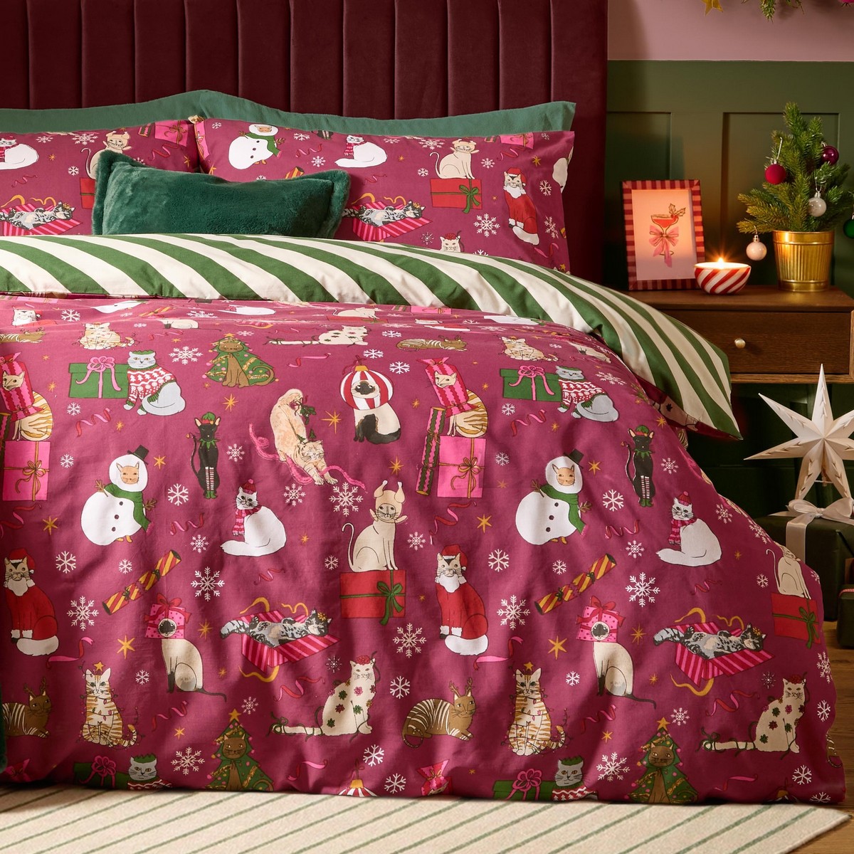 Feline Festive Purrgundy Duvet Set Fabric by furn. - FELFEST/D01/PUR