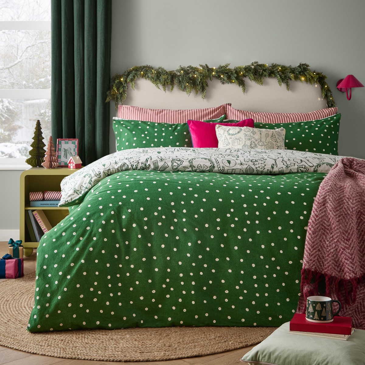 Merry Christmas Oat / Green Duvet Set Fabric by furn. - MERRYCHR/D01/OAGR