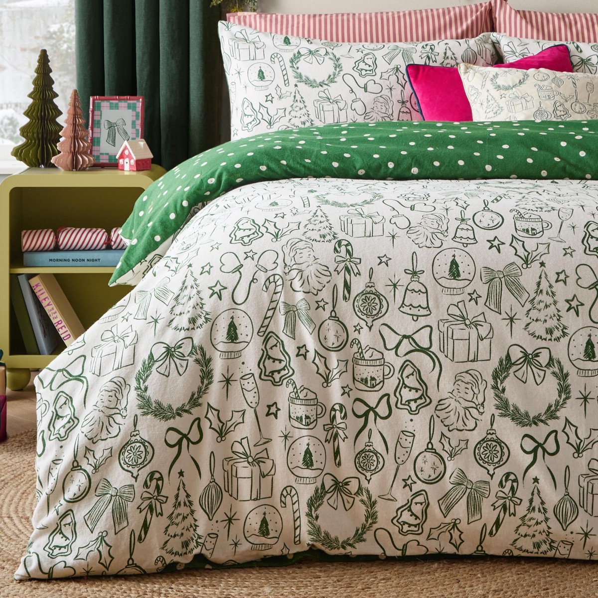 Merry Christmas Oat / Green Duvet Set Fabric by furn. - MERRYCHR/D01/OAGR