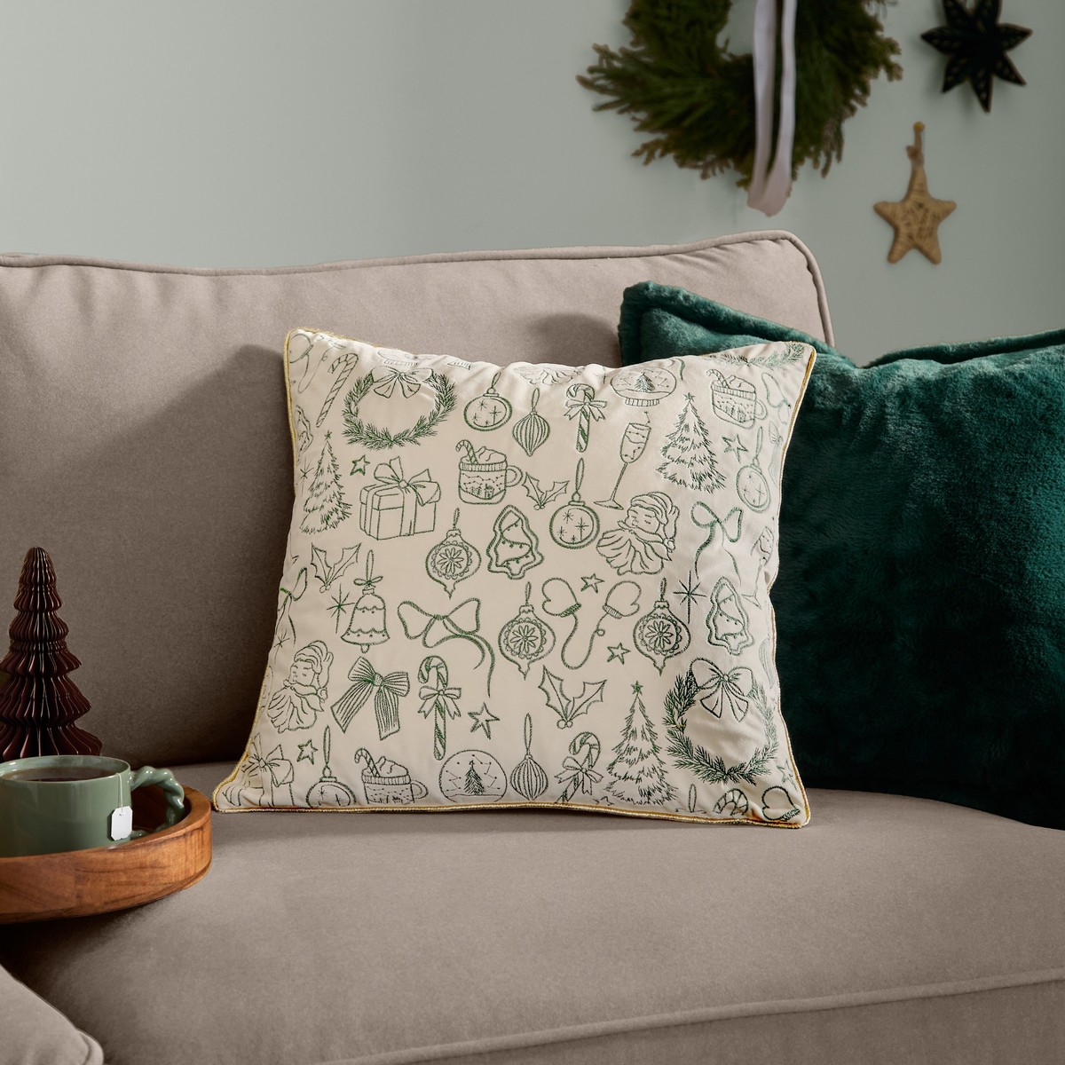 Merry Christmas Ecru / Dark Green Cushion Fabric by furn. - MCHRIST/CC2/ECDG