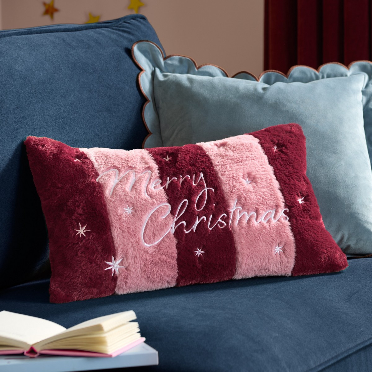 Merry Christmas Fur Stripe Burgundy / Pink Cushion Fabric by furn. - MCFSTRI/3CC/BUPN