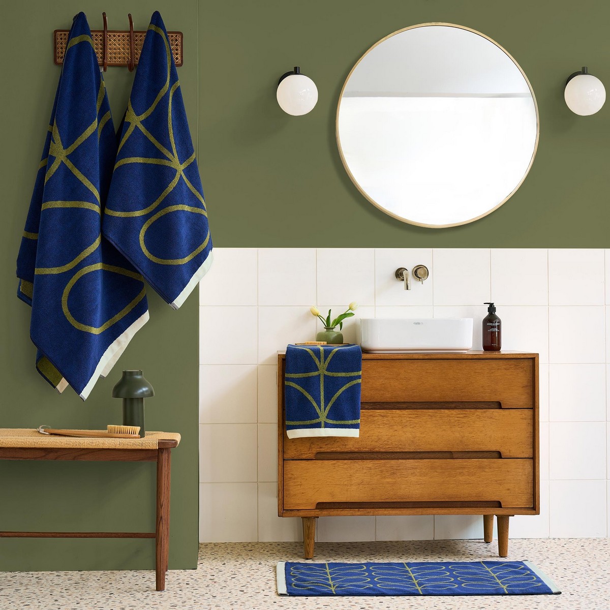 Linear Stem Navy / Olive Bath Towel Fabric by Orla Kiely - OKLINEAR01BA