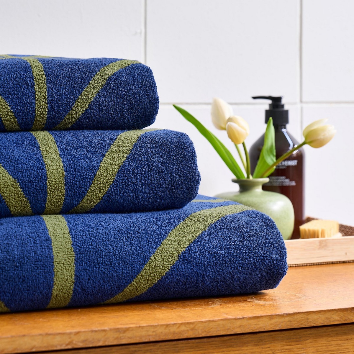 Linear Stem Navy / Olive Hand Towel Fabric by Orla Kiely - OKLINEAR01HA