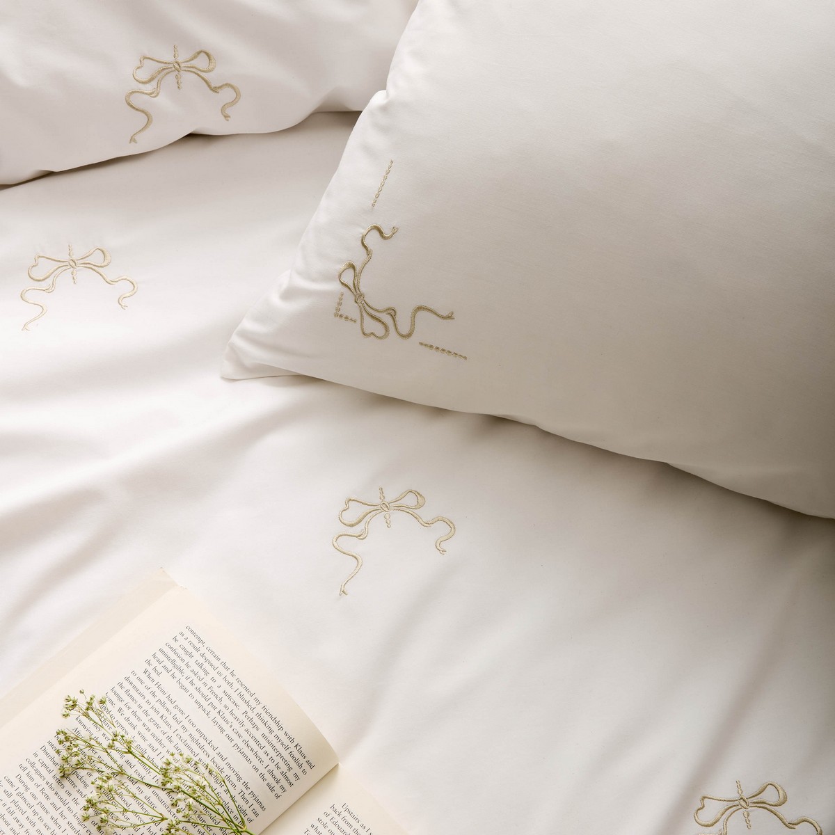 Bow Embroidery White Natural Duvet Set Fabric by Historic Royal Palaces - HRPBOWEMB01SQ