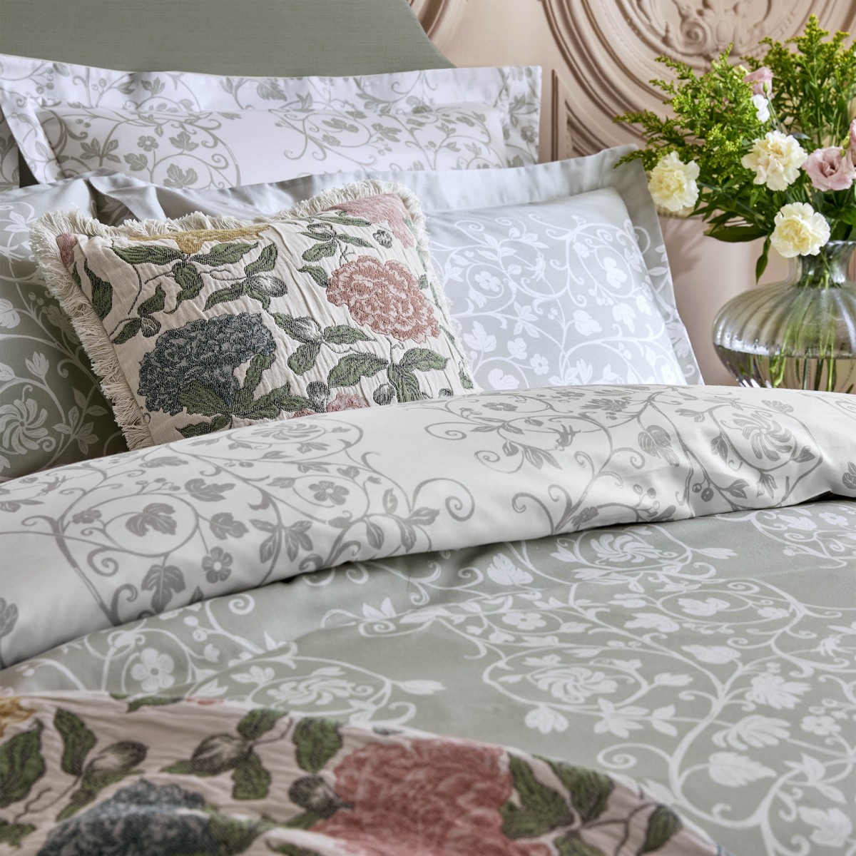 Tudor Trail Sage Duvet Set Fabric by Historic Royal Palaces - HRPTUDOR01SQ