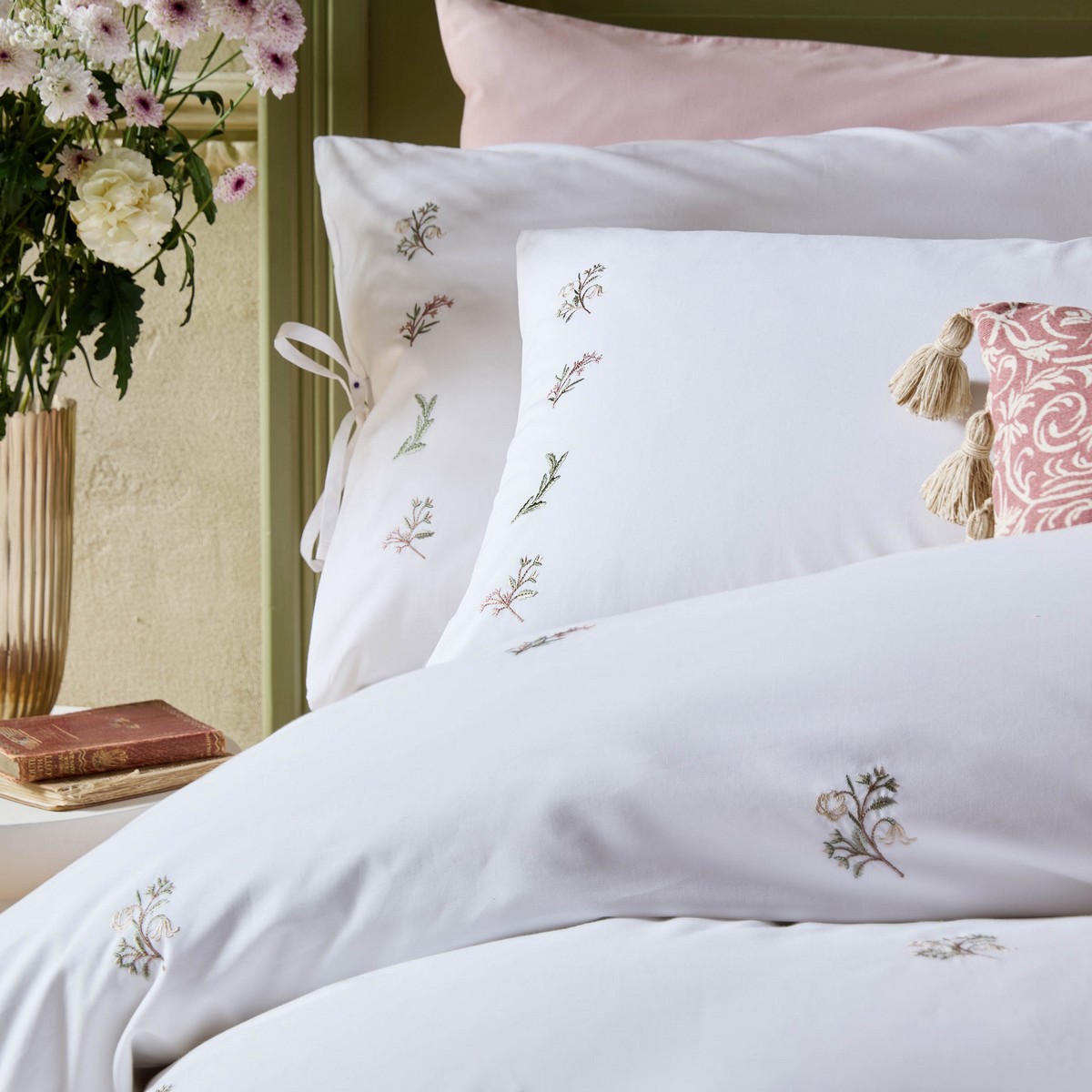 Victoria Sprigs Embroidery Rose Pink Sage Duvet Set Fabric by Historic Royal Palaces - HRPVICTO01SQ